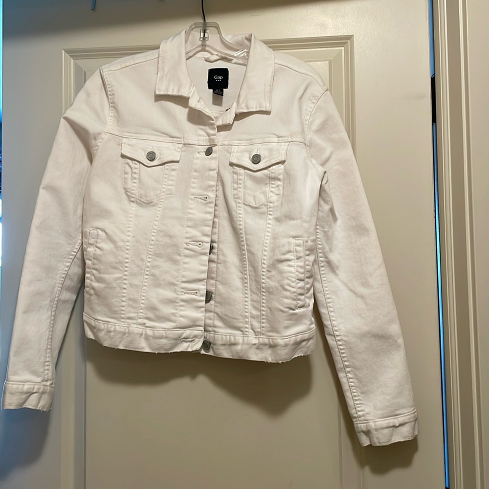 Gap white denim distressed crop jacket